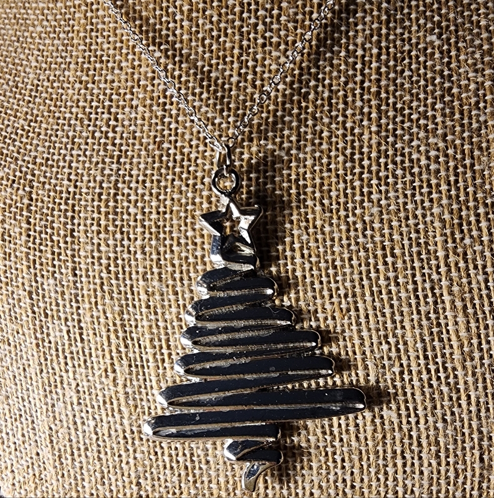 Silvertone Christmas Tree Necklace.